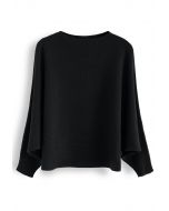 Boat Neck Batwing Sleeves Knit Top in Black