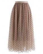 Full Polka Dots Double-Layered Mesh Tulle Skirt in Caramel